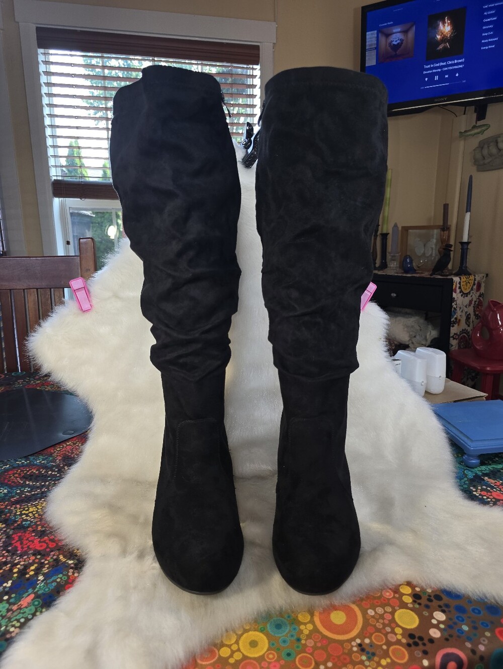 Torrid Faux Suede Metalic-Heeled Slouch Boots - Picture 3 of 16
